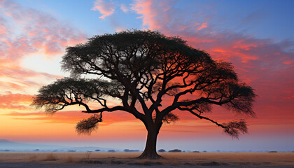 Wall Mural - Silhouette of acacia tree against orange sunset sky generated by AI