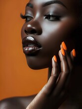 hands with orange nails, beautiful black woman portrait, african female model