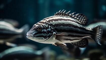 Wall Mural - A striped zebra fish swims in a beautiful underwater reef generated by AI