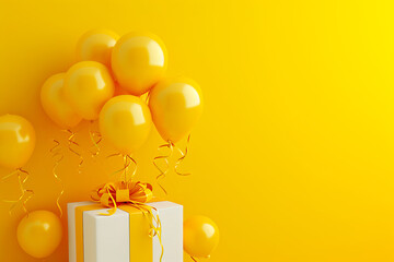 Monochromatic Yellow Balloons and Gift Box. Wide angle image of bright yellow balloons attached to a white gift box with matching yellow ribbon on a monochrome yellow background with copy-space. Horiz