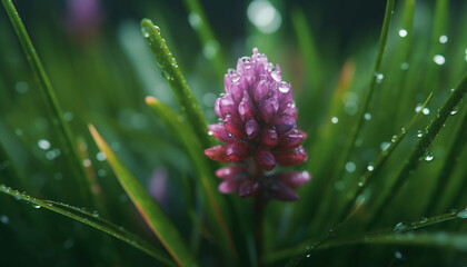 Sticker - Freshness of summer green plant, flower blossom, pink petal, wet grass generated by AI