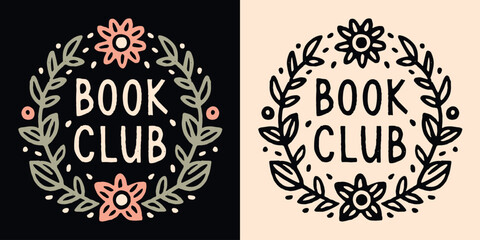 Wall Mural - book club lettering round badge floral frame. cute romance reader boho cottagecore witchy celestial 