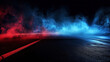 Closeup of night street scene with red and blue light, smog, fog or smoke on the bottom or ground of street for animation