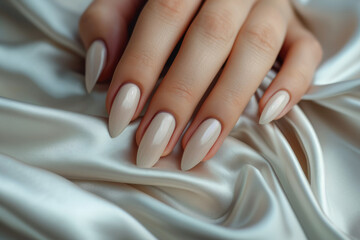 Wall Mural - Closeup to woman hands with elegant neutral colors manicure on long almond shaped nails. Female hands with luxury nude shade nail manicure with gel polish on white silk background