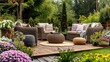 contemporary patio furniture, with a firepit, background is a garden of flowers and plants 
