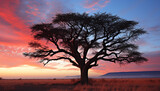 Silhouette of acacia tree against orange sunset sky generated by AI