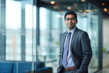 Professional headshot with a modern twist. a 45-year-old South Asian man dressed in a sharp suit standing confidently in an elegant office setting