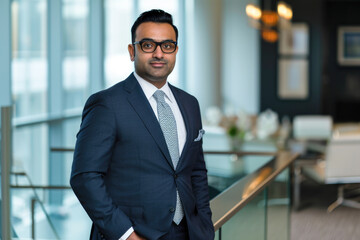 Professional headshot with a modern twist. a 45-year-old South Asian man dressed in a sharp suit standing confidently in an elegant office setting