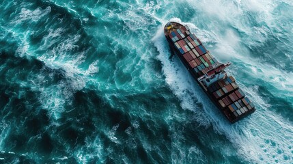 a container ship caught in a storm in the middle of the ocean, view from above. highly volatile mark