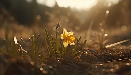 Canvas Print - The yellow flower blossoms in the meadow, surrounded by nature generated by AI