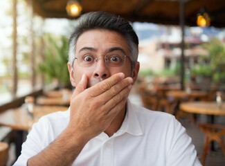 Sticker - Latin mature man with surprise expression closeup portrait at restaurant