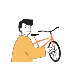 Aufkleber - Fitness concept with cartoon people in flat design for web. Man cycling at bike and doing cardio and aerobic training at bicycle. Vector illustration for social media banner, marketing material.