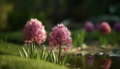 Wall Mural - A beautiful purple flower blossoms in the green meadow of summer generated by AI