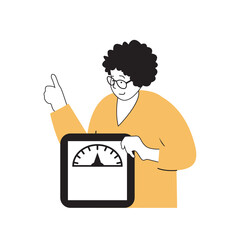 Aufkleber - Fitness concept with cartoon people in flat design for web. Woman controlling body weight, training and dieting, measuring at scales. Vector illustration for social media banner, marketing material.