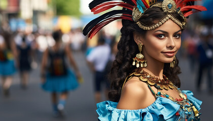 Canvas Print - Smiling women in traditional clothing at cultural parade generated by AI