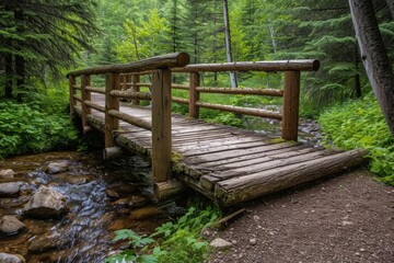 Wall Mural - Rustic wooden bridge over a tranquil forest stream