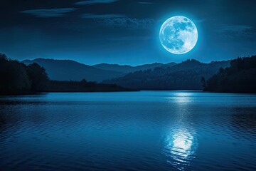 Wall Mural - Shimmering full moon casting light over a tranquil lake