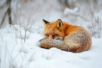 Wall Mural - Sleepy fox curled up in a snowy forest clearing