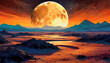 Lunar landscape with the earth in the distance in a magical sunset. Artistic Image. Concept of life beyond our planet.