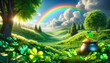Lush green hills with a vibrant rainbow and a pot of gold, evoking Irish folklore. St. Patricks Day background