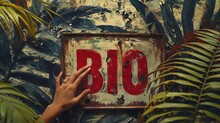 A Person's Hand Touches A Metal Sign With The Red Lettering "BIO" Surrounded By Tropical Leaves, Creating An Emphasis On Nature And Organic Products.