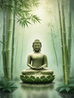 Serene Buddha in a Whimsical Fog-Covered Bamboo Forest - Illustration Gen AI