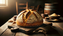 Artisan sourdough bread on a rustic wooden cutting board in warm light. Irish soda bread for St. Patricks Day