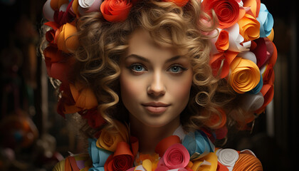 Wall Mural - Smiling woman with curly hair, celebrating with colorful decorations generated by AI