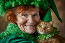 Generative AI Image Of A Joyful Elderly Lady In Green Festive Attire, Embracing A Ginger Cat Also Adorned In St. Patrick's Day Costume
