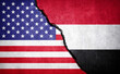 US and Yemen conflict. Country flags on broken wall. illustration.
