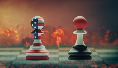 Wall Mural - US and Yemen conflict. Country flags on chess pawns on a chess board. 3D illustration.