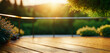 Hintergrund Holz Fläche für Produkte Terasse Vorlage Untergrund mit Stein und Pflanzen grün mit Sonne Strahlen Schein Licht Reflektion ruhig sommerlich sommer umwelt- garten- park Landschaft 