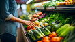 Gros plan sur la main d'une femme choisissant des légumes dans un supermarché. 