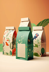 Paper eco-friendly disposable packaging for tea or organic products with green plants on display.