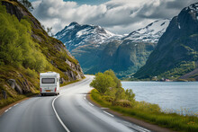 RV Camper Van On The Scenic Norwegian Mountain Road