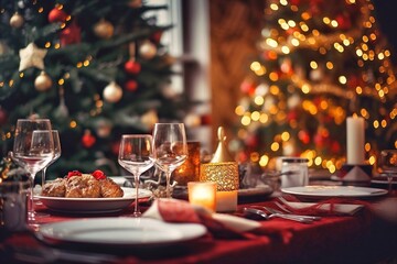  Christmas table setting with candles and christmas tree in background. Celebration concept.