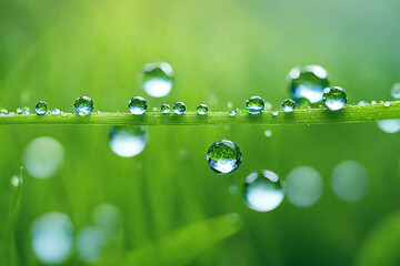 Hyper macro grass. Green nature background. Water dew.