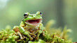 Gliding frog look like laughing on moss, Flying frog laughing. Generative Ai