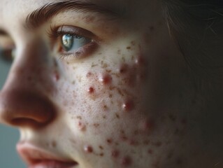 Teen girl with acne problem squeezing pimple indoors