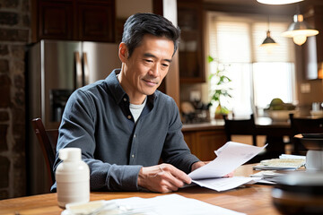 Focused Chinese businessman reading a letter and working on paperwork at home, using a laptop, and displaying a confident and professional demeanor.