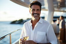 Leisure By The Sea: A Happy, Handsome Adult Enjoys Summer On A Yacht, Embodying Relaxation And Freedom.
