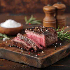 Gourmet pepper-crusted beef steak, perfectly pink inside, with herbs and spices on rustic wood.