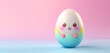 A cute, kawaii-style egg with a cheerful face, set against a soft pink and blue background, symbolizing the joy of Easter.