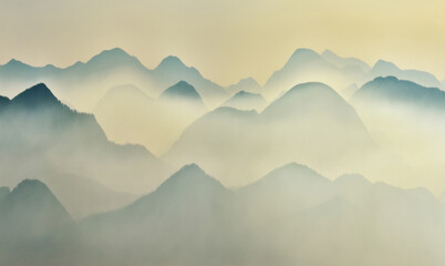 Wall Mural - silhouettes of morning mountains. foggy morning in the Carpathians. Mountain landscape