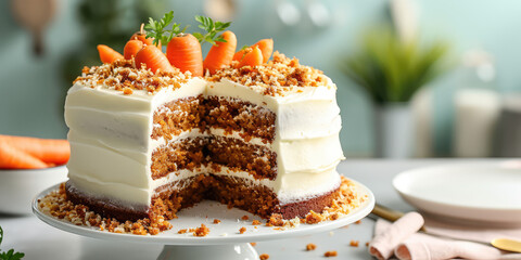 Wall Mural - Elegant layered Carrot Cake Delight. Carrot cake with cream cheese frosting and decorated in kitchen background.