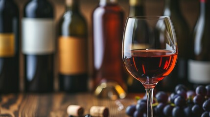 A glass of rose wine poised elegantly before a blurred backdrop of wine bottles, capturing a refined atmosphere