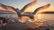 Seagulls in flight over Hokkaido's beach, their wings illuminated by the warm glow of the setting sun -Generative Ai
