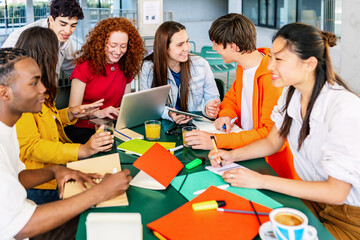 Wall Mural - High school students group learning together at campus. Millennial boys and girls preparing educational exams together. Education lifestyle and youth concept