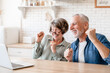 Caucasian senior old elderly couple husband and wife spouses grandparents watching movie, celebrating, winning, victory, cheering the prize from bidding online casino bets with laptop