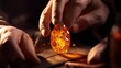Macro of a jewelers hands shaping and smoothing a piece of raw amber into a stunning pendant.
